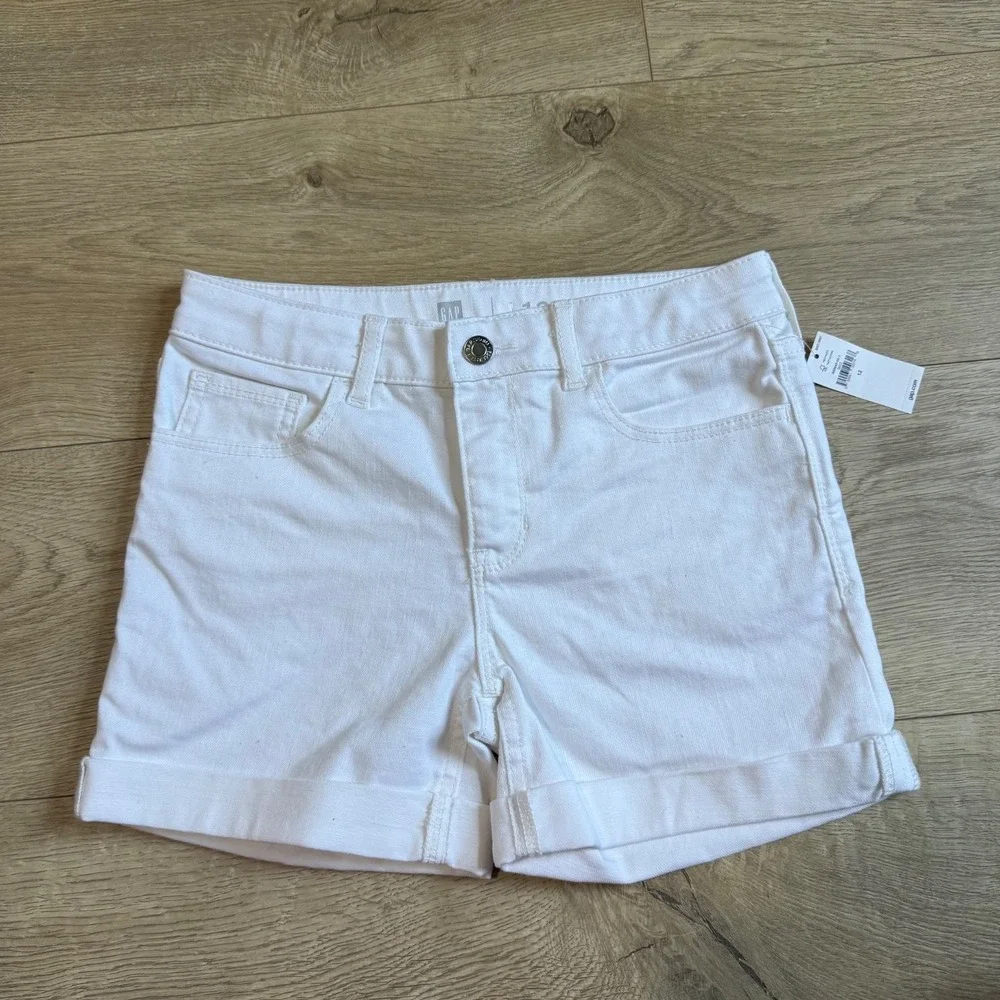 NWT Kids Girls Gap denim white jean shorts midi adjustable waist stretch size 12